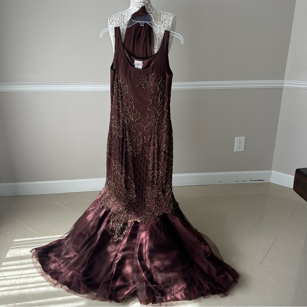 Elegant brown mermaid style dress with gold beading. Comes with shawl.